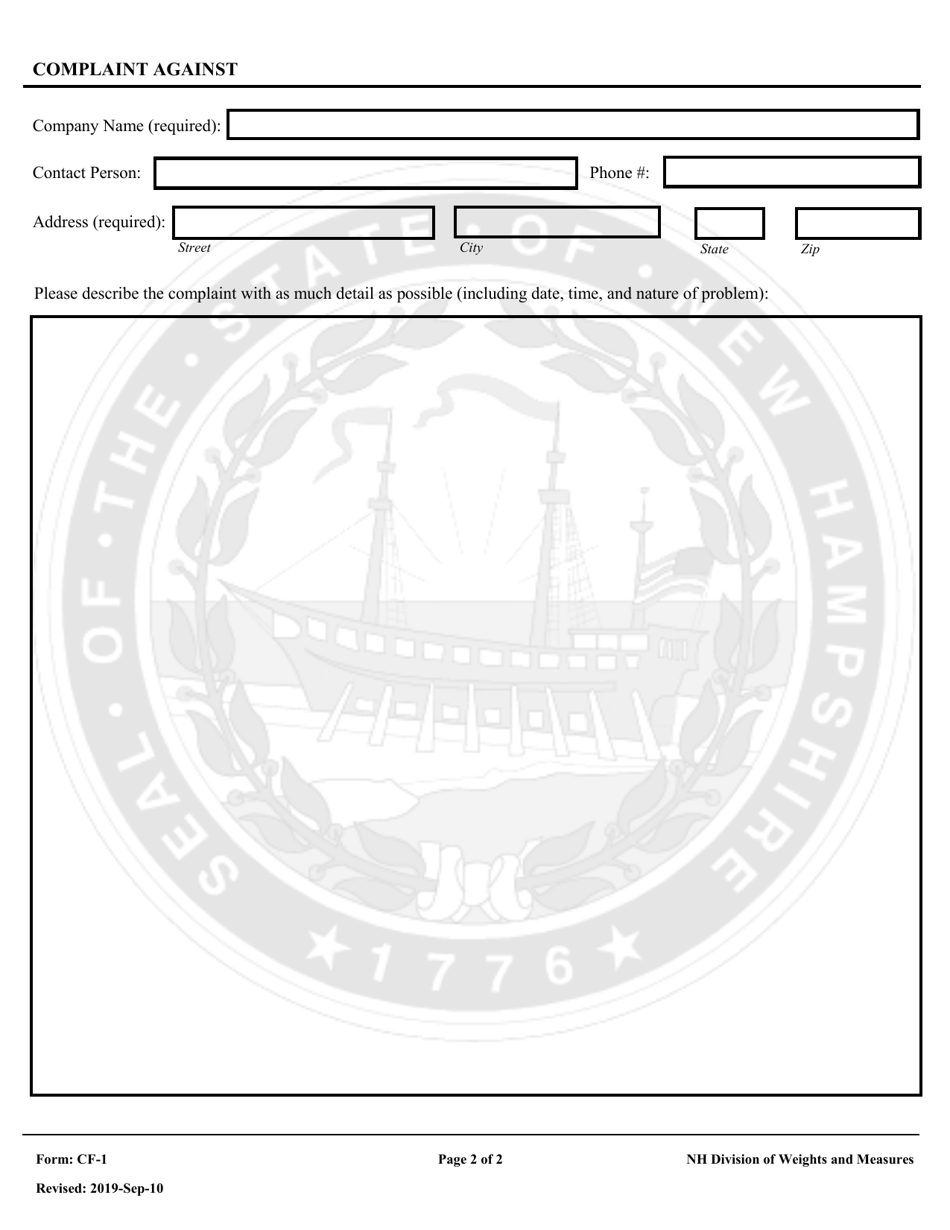 Form CF-1 Weights and Measures Complaint Form - New Hampshire, Page 2