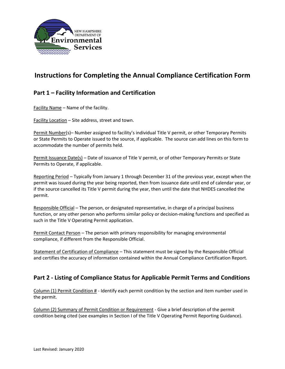Instructions for Form NHDES-A-01-020 Title V Operating Permit Annual Compliance Certification Form - New Hampshire, Page 1