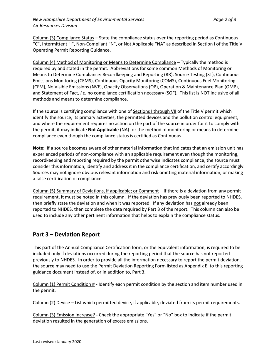 Instructions for Form NHDES-A-01-020 Title V Operating Permit Annual Compliance Certification Form - New Hampshire, Page 2