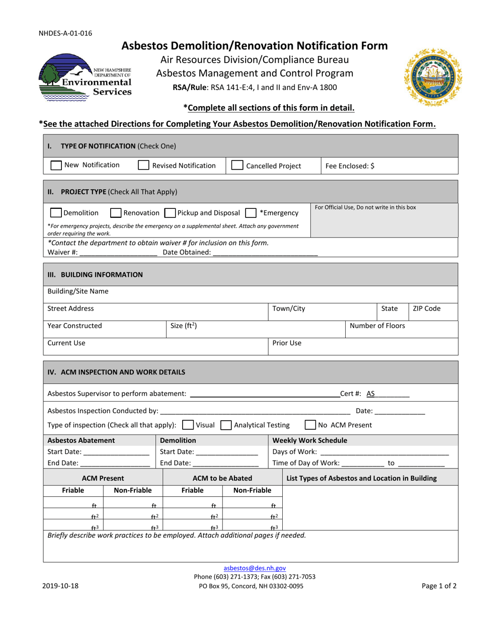 Form NHDES-A-01-016 Asbestos Demolition/Renovation Notification Form - New Hampshire, Page 1