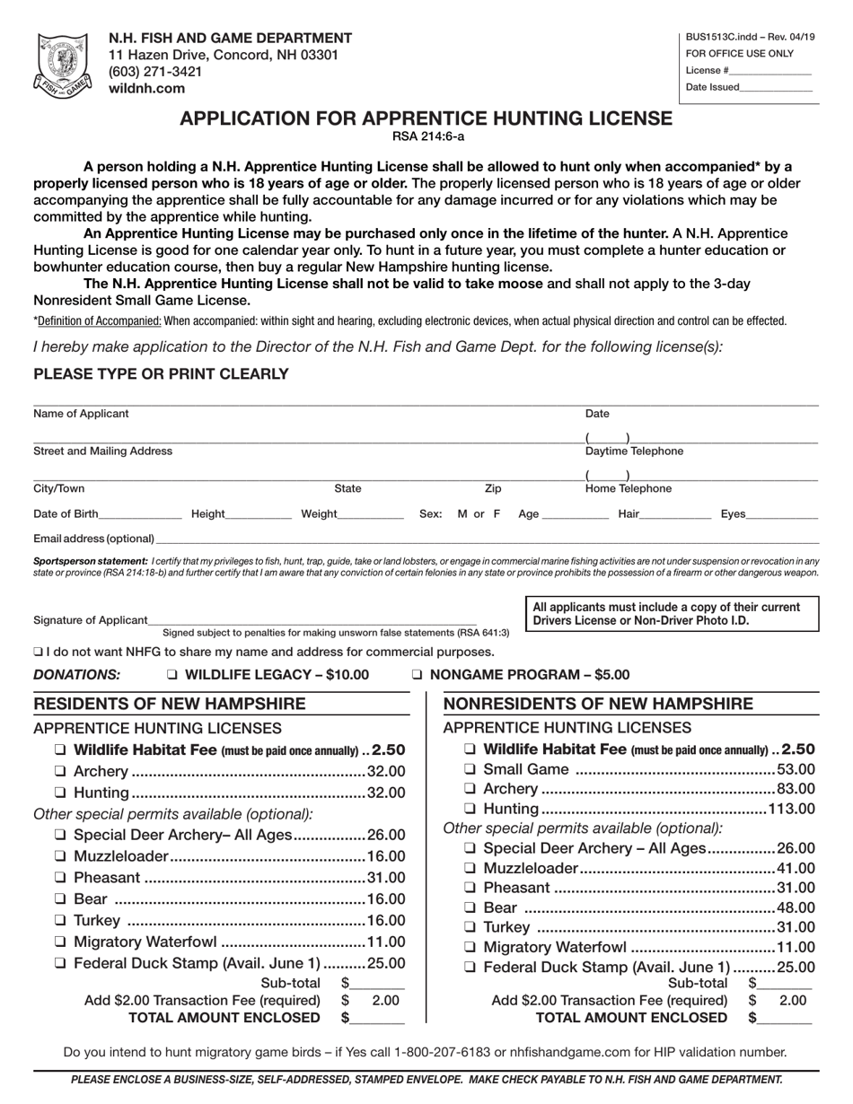 Form BUS1513C Application for Apprentice Hunting License - New Hampshire, Page 1