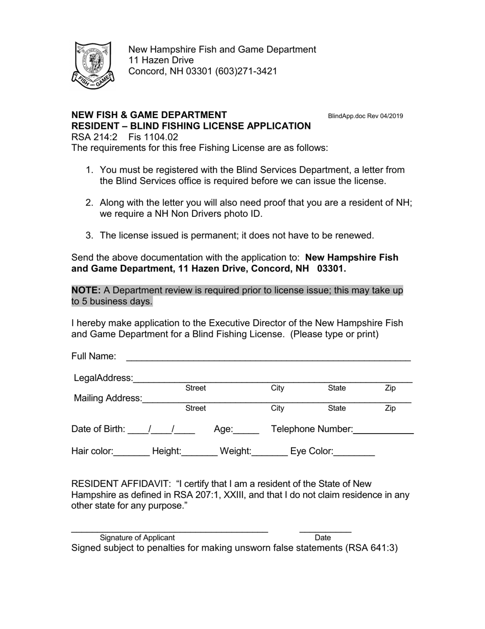 New Hampshire Resident " Blind Fishing License Application Fill Out