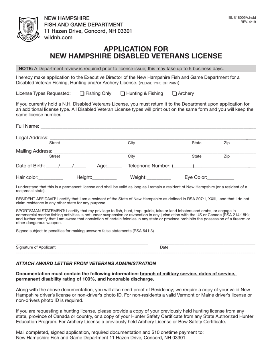 Form BUS18005A Application for New Hampshire Disabled Veterans License - New Hampshire, Page 3