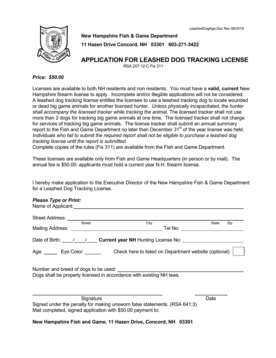 New Hampshire Application for Leashed Dog Tracking License Fill Out, Sign Online and Download