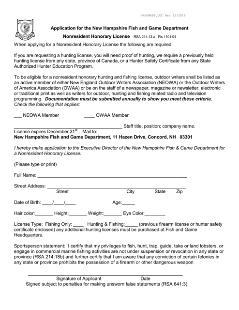 Application for the New Hampshire Fish and Game Department Nonresident Honorary License - New Hampshire Download Pdf