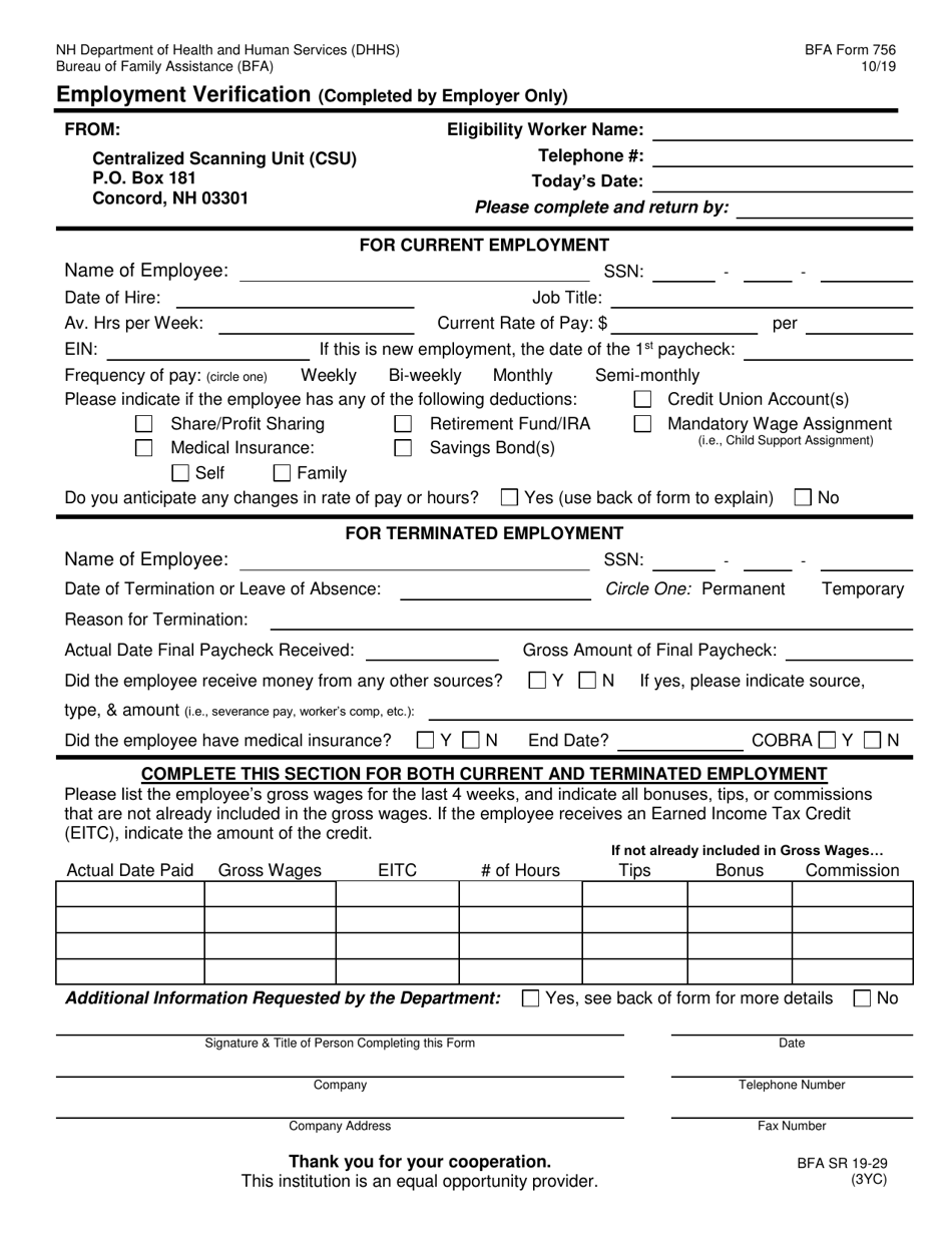 BFA Form 756 Employment Verification - New Hampshire, Page 1