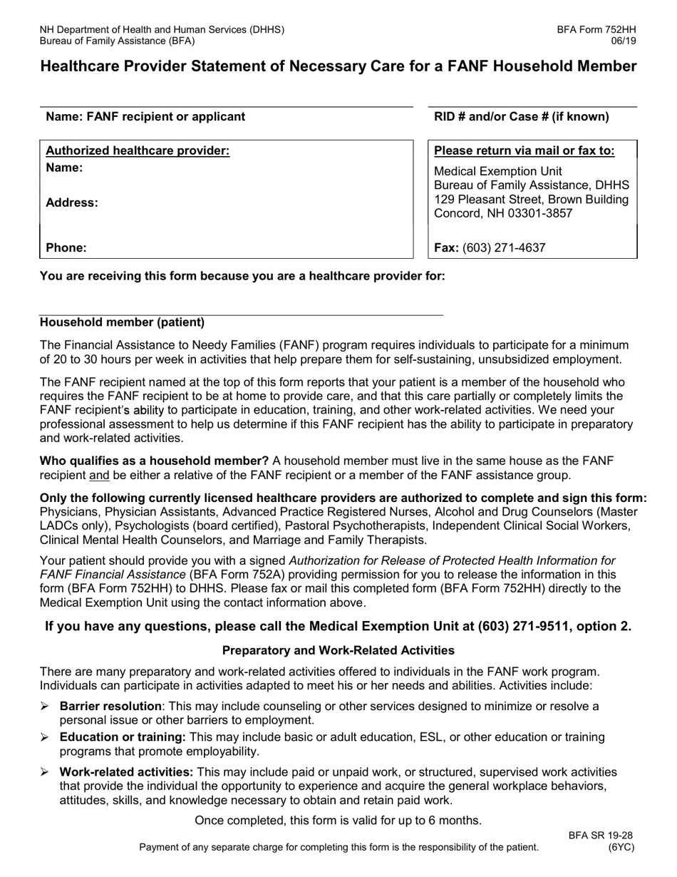 BFA Form 752HH Healthcare Provider Statement of Necessary Care for a Fanf Household Member - New Hampshire, Page 1