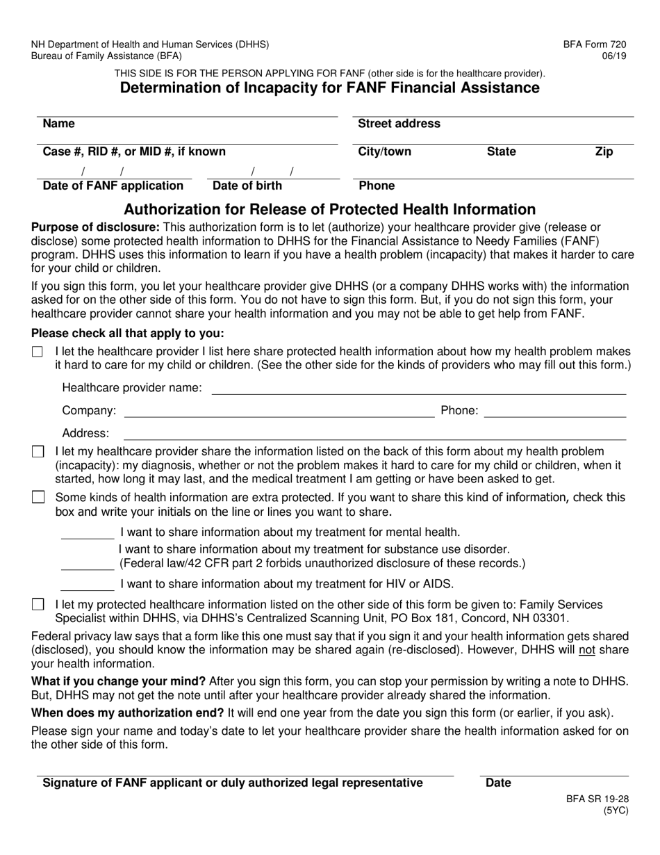 BFA Form 720 Determination of Incapacity for Fanf Financial Assistance - New Hampshire, Page 1