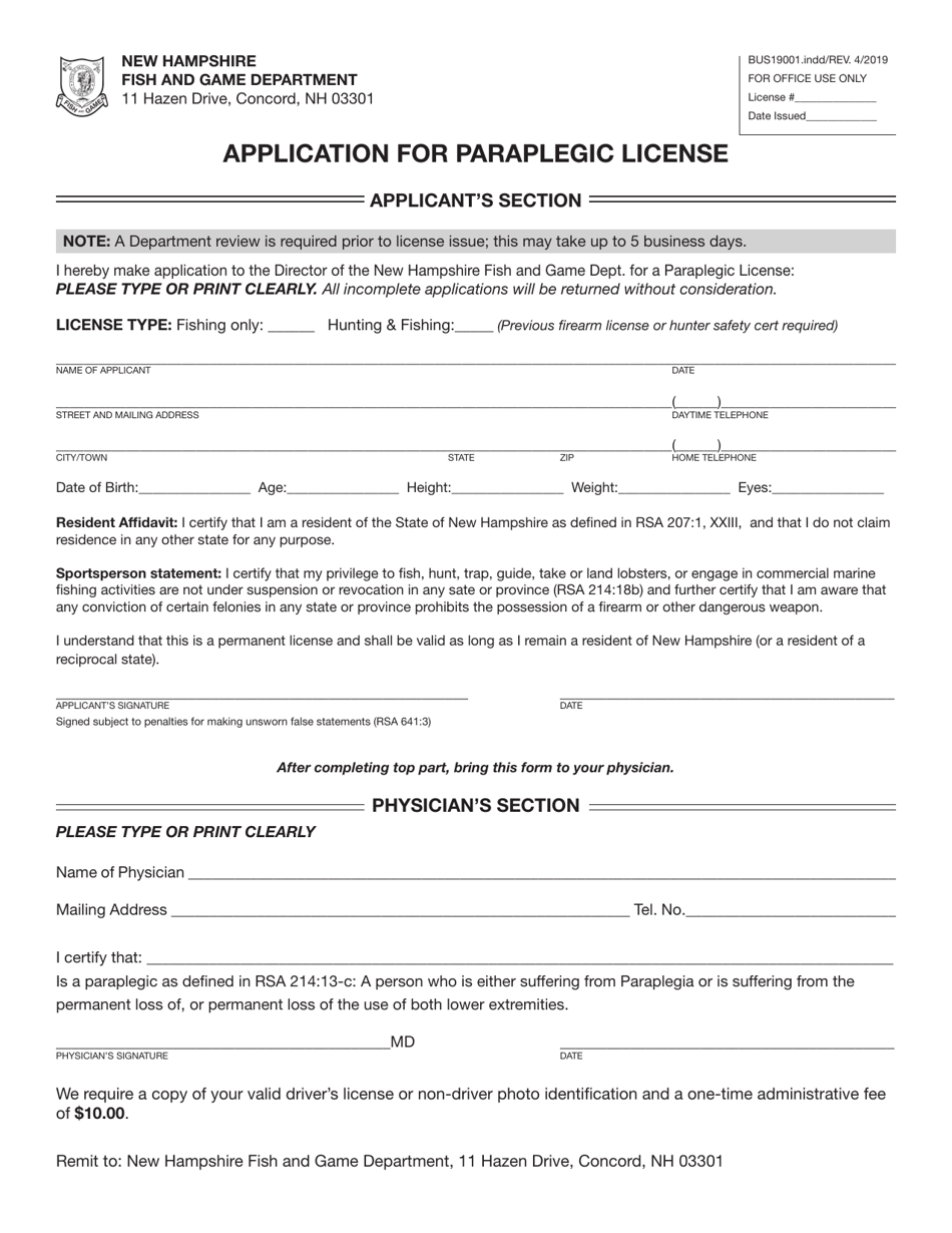 Form BUS19001 Application for Paraplegic License - New Hampshire, Page 2