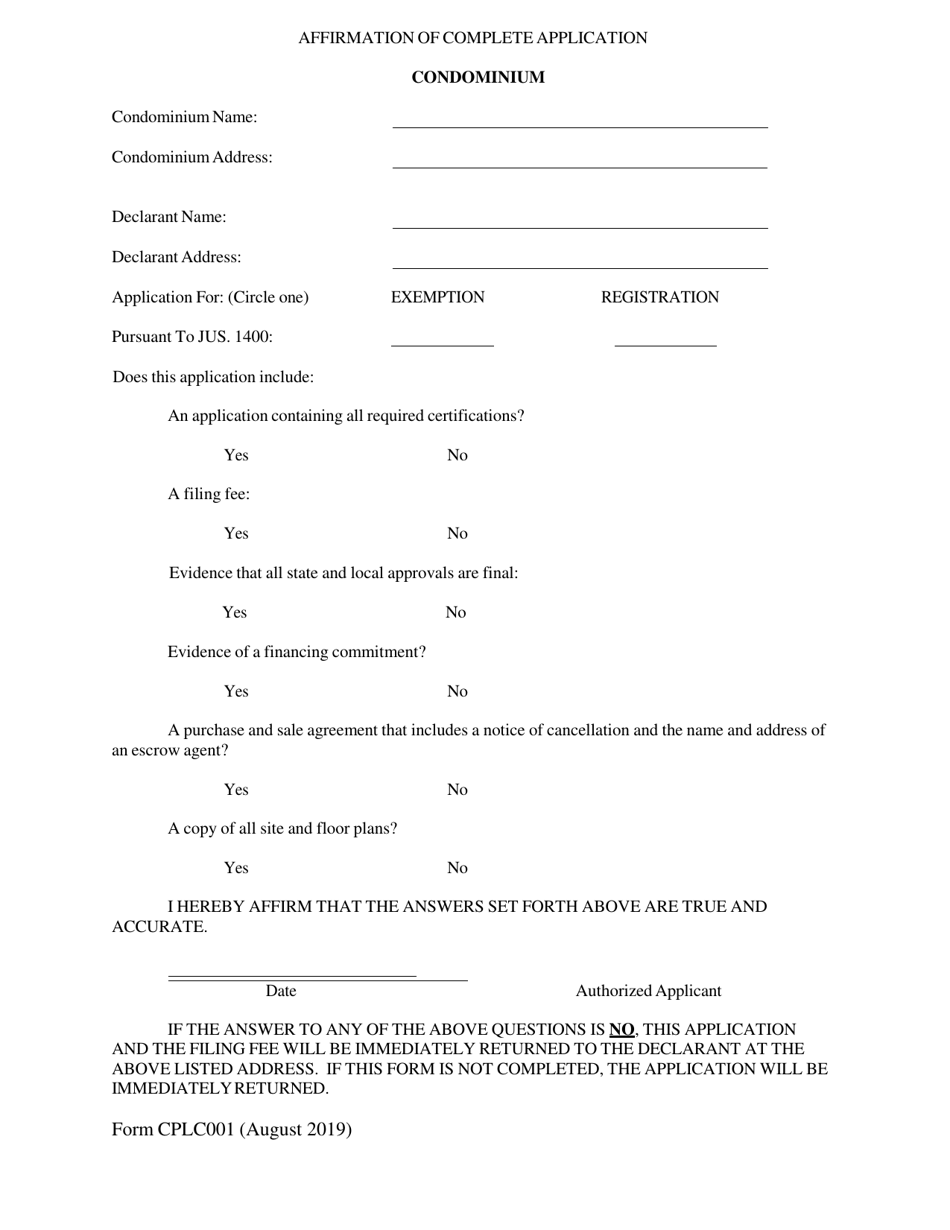 Form CPLC001 Affirmation of Complete Application - New Hampshire, Page 1