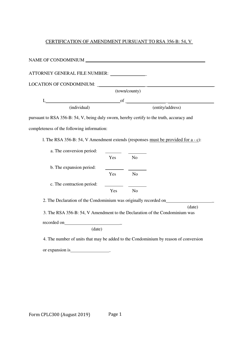 Form CPLC300 Certification of Amendment Pursuant to Rsa 356-b: 54, V - New Hampshire, Page 1