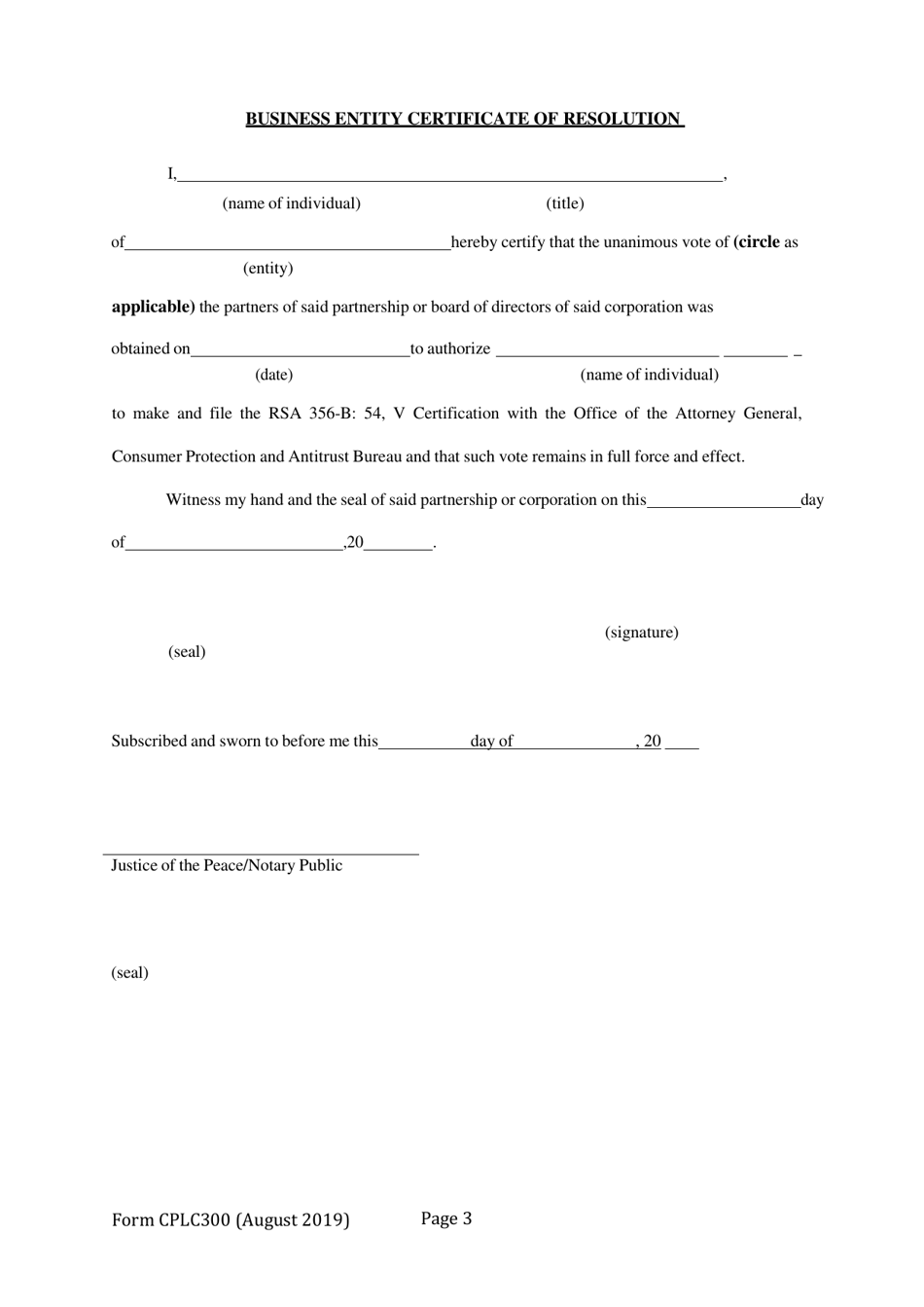 Form CPLC300 Certification of Amendment Pursuant to Rsa 356-b: 54, V - New Hampshire, Page 3