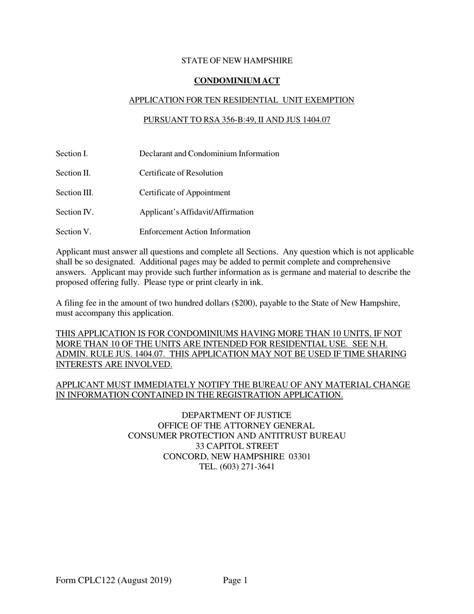 Form CPLC122 Application for 10 Residential Unit Exemption - New Hampshire, Page 1