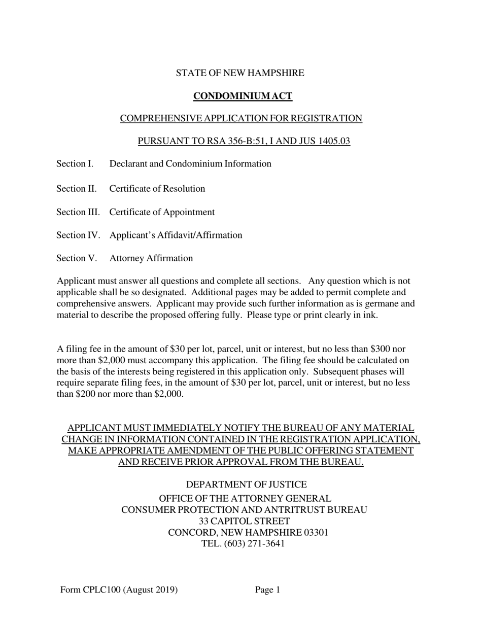 Form CPLC100 Comprehensive Registration Application - New Hampshire, Page 1
