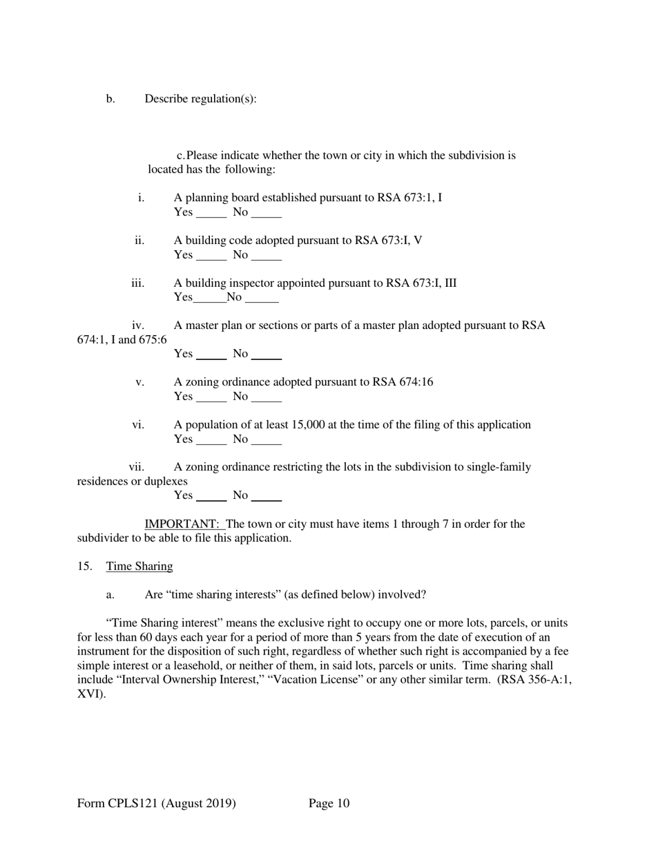Form CPLS121 Application for 25 Unit Exemption - New Hampshire, Page 10
