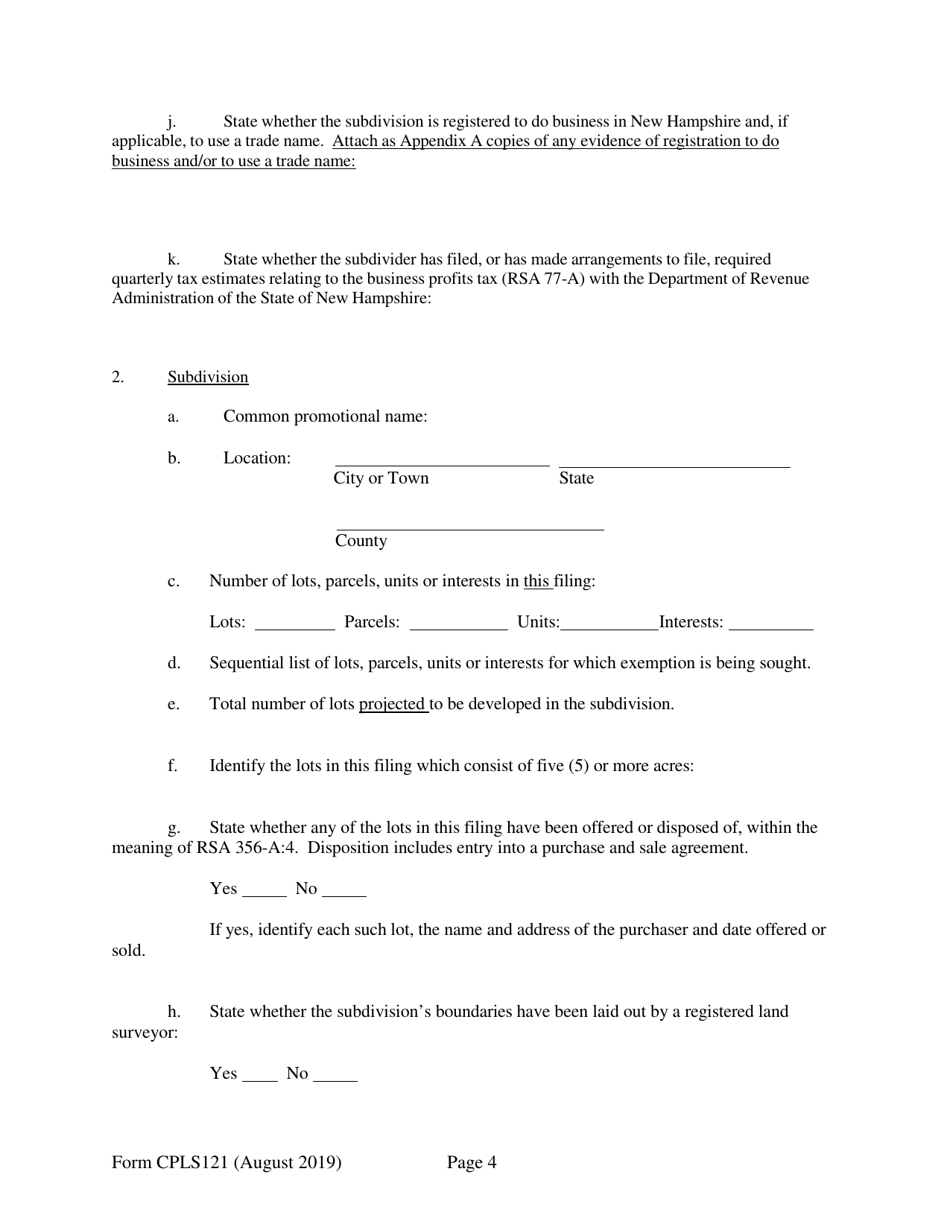 Form CPLS121 Application for 25 Unit Exemption - New Hampshire, Page 4