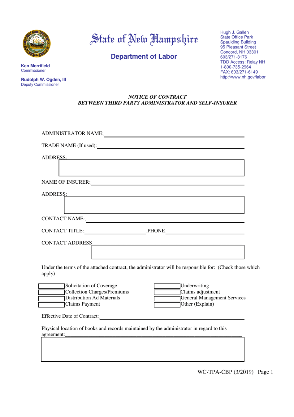 Form WC-TPA-CBP Notice of Contract Between Third Party Administrator and Self-insurer - New Hampshire, Page 1