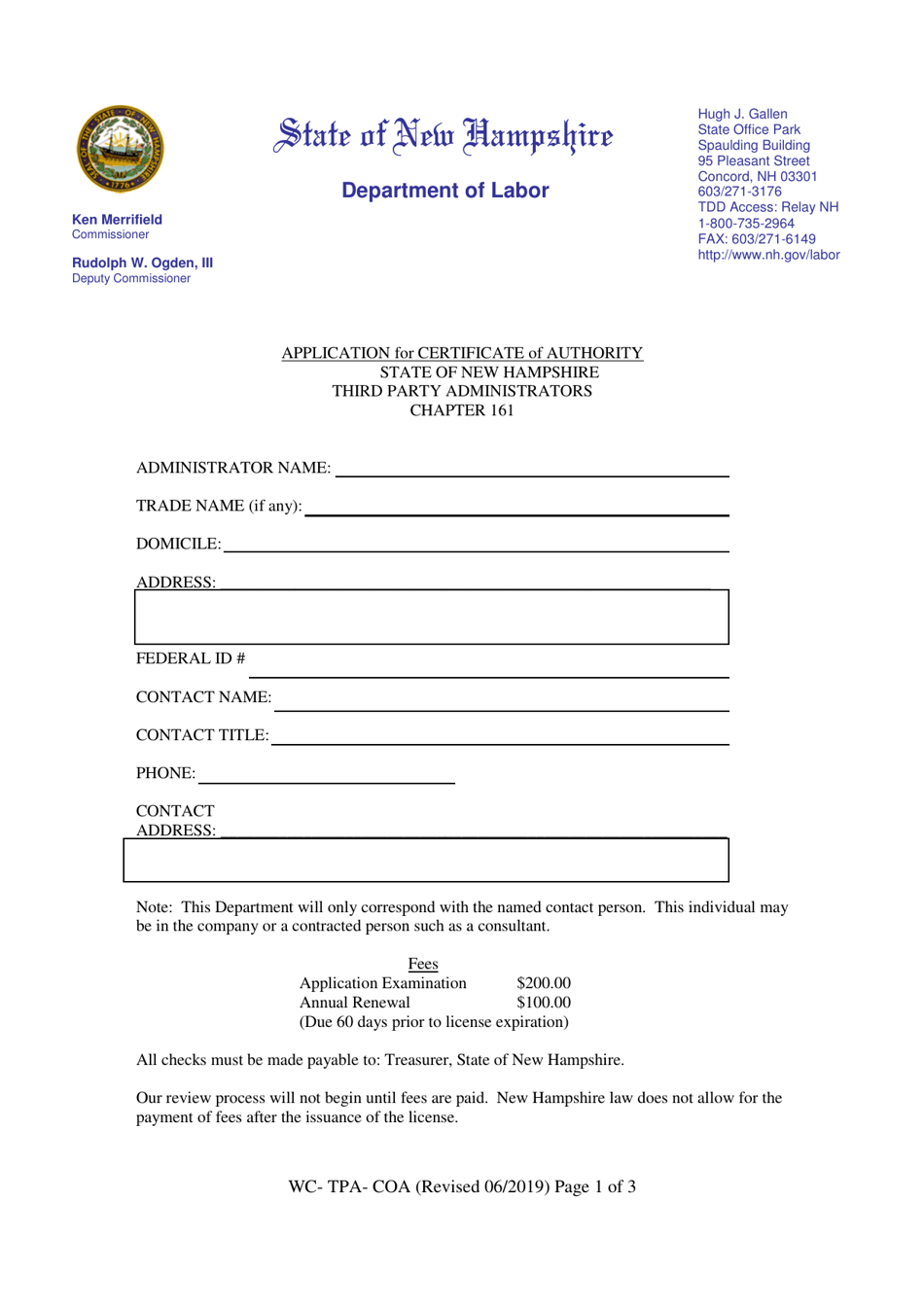 Form WC-TPA-COA Application for Certificate of Authority - New Hampshire, Page 1