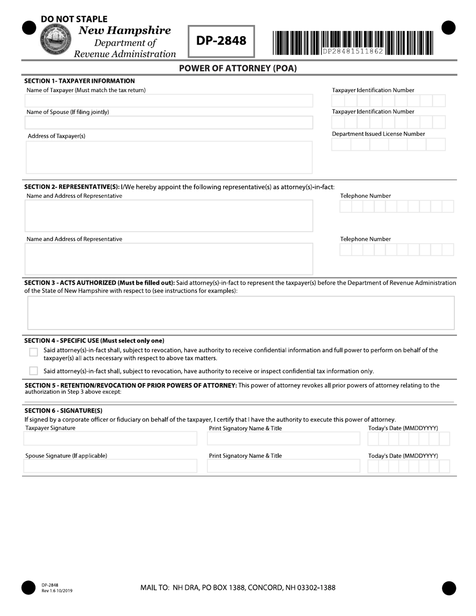 Form DP-2848 Power of Attorney (Poa) - New Hampshire, Page 1