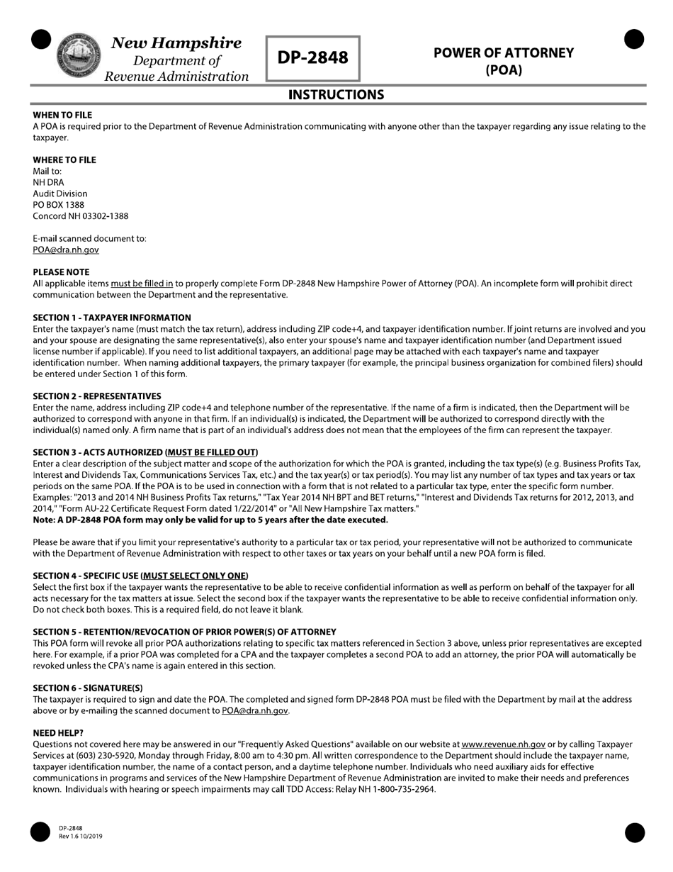 Form DP-2848 Power of Attorney (Poa) - New Hampshire, Page 2