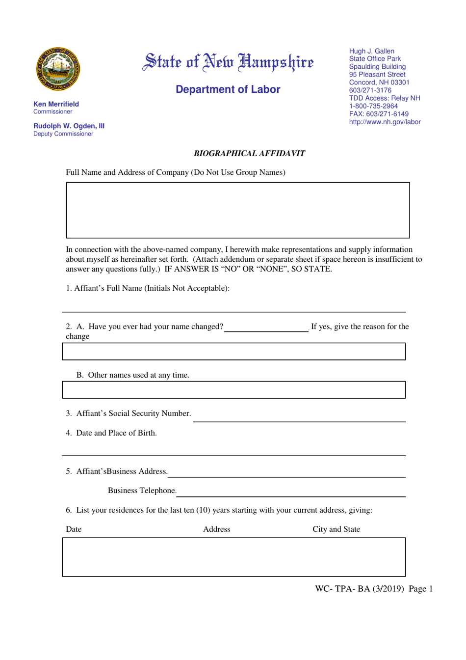 Form WC-TPA-BA Biographical Affidavit - New Hampshire, Page 1