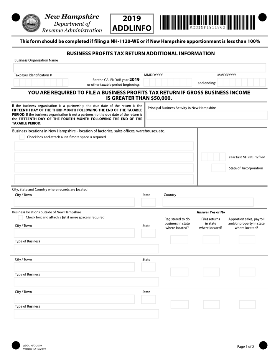 Form ADDLINFO Additional Line Information Worksheet - New Hampshire, Page 1