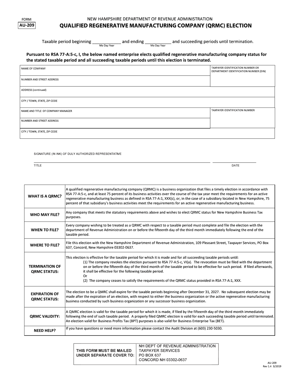 Form AU-209 Qualified Regenerative Manufacturing Company (Qrmc) Election - New Hampshire, Page 1