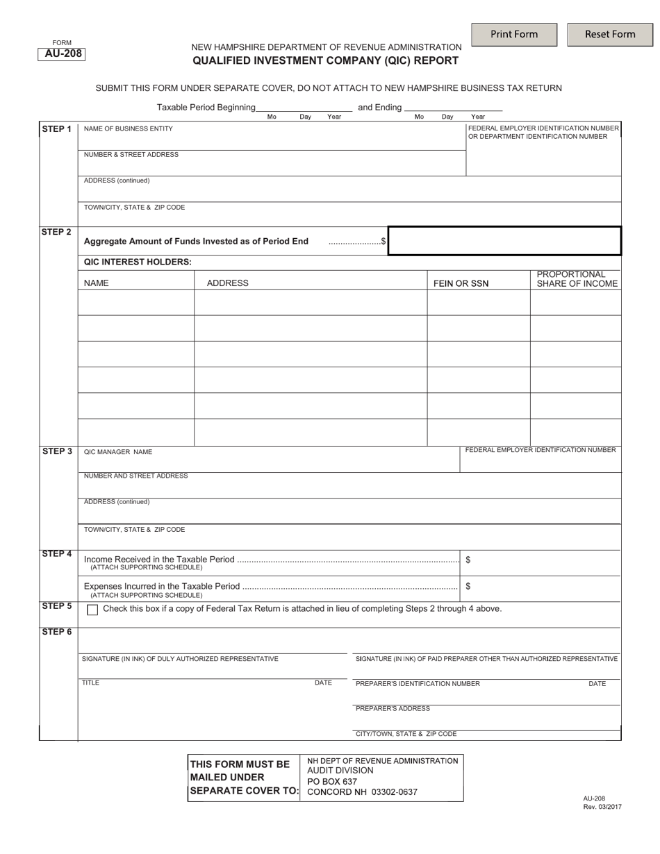 Form AU-208 Qualified Investment Company (Qic) Report - New Hampshire, Page 1