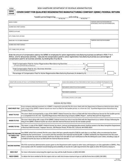 Form QRMC COVER (AU-210A) Cover Sheet for Qualified Regenerative Manufacturing Company (Qrmc) Federal Return - New Hampshire