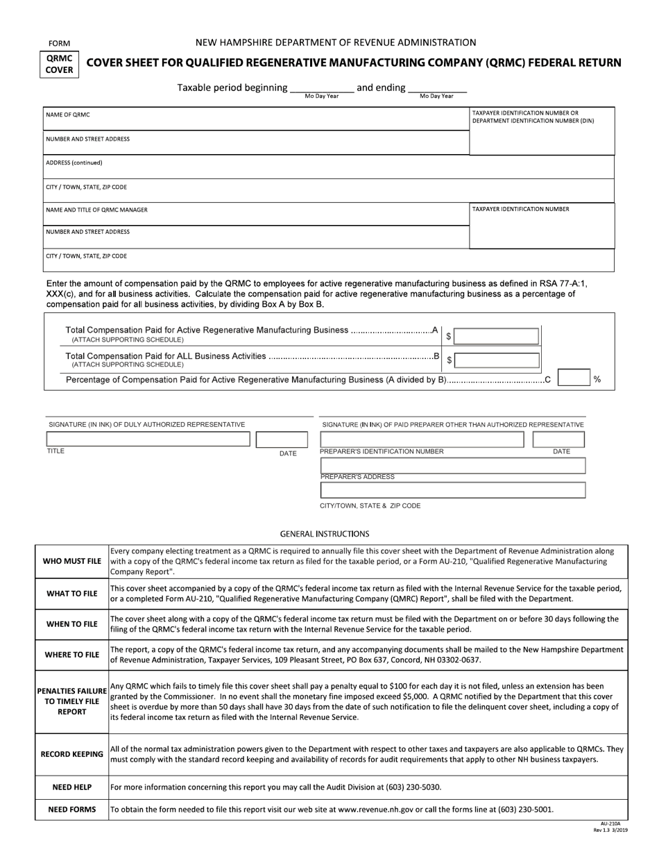 Form QRMC COVER (AU-210A) Cover Sheet for Qualified Regenerative Manufacturing Company (Qrmc) Federal Return - New Hampshire, Page 1