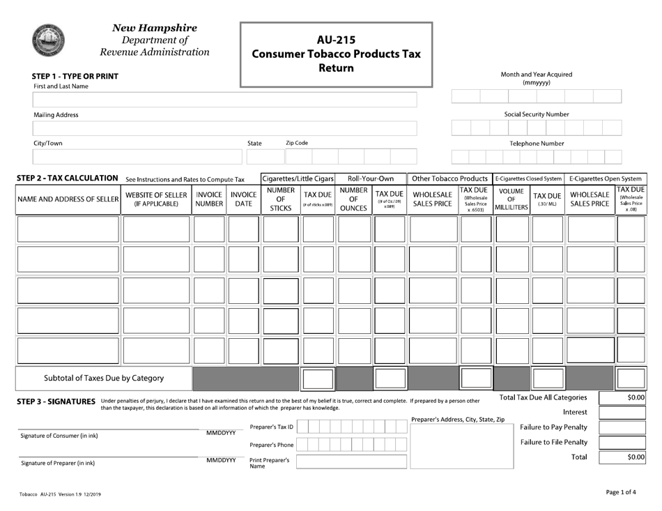 Form AU-215 Consumer Tobacco Products Tax Return - New Hampshire, Page 1