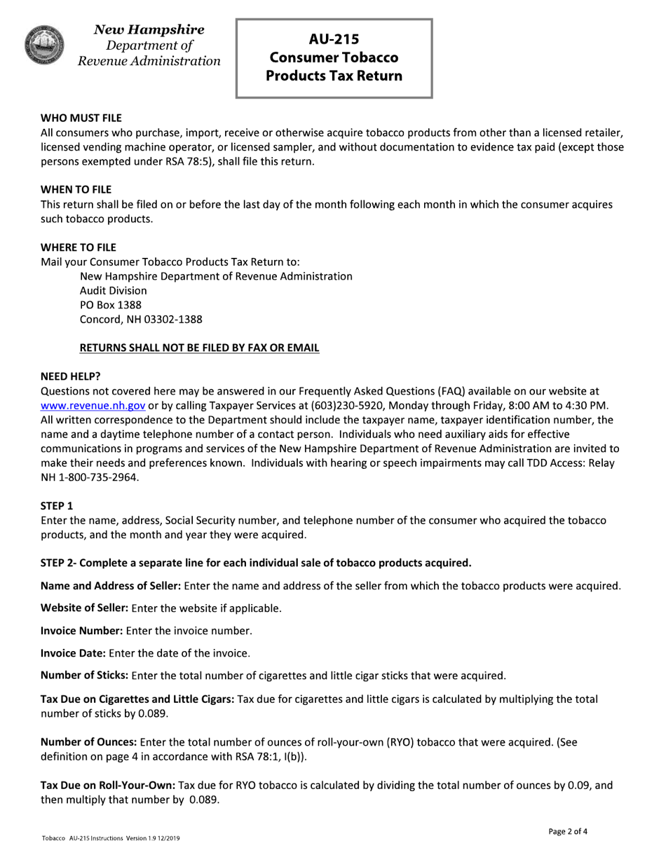 Form AU-215 Consumer Tobacco Products Tax Return - New Hampshire, Page 2