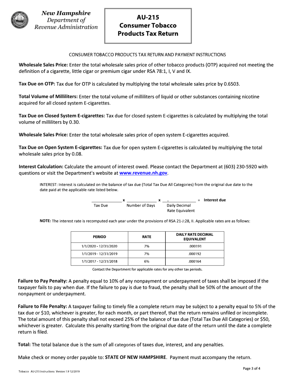 Form AU-215 Consumer Tobacco Products Tax Return - New Hampshire, Page 3