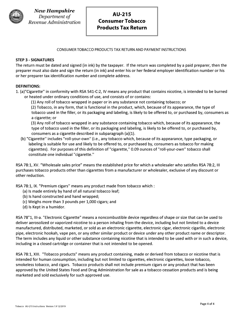 Form AU-215 Consumer Tobacco Products Tax Return - New Hampshire, Page 4