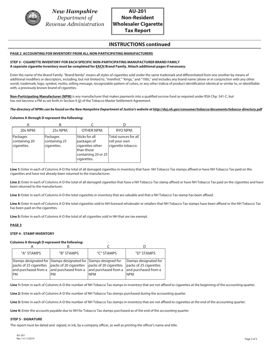 Form AU-201 Non-resident Wholesaler Cigarette Tax Report - New Hampshire, Page 5