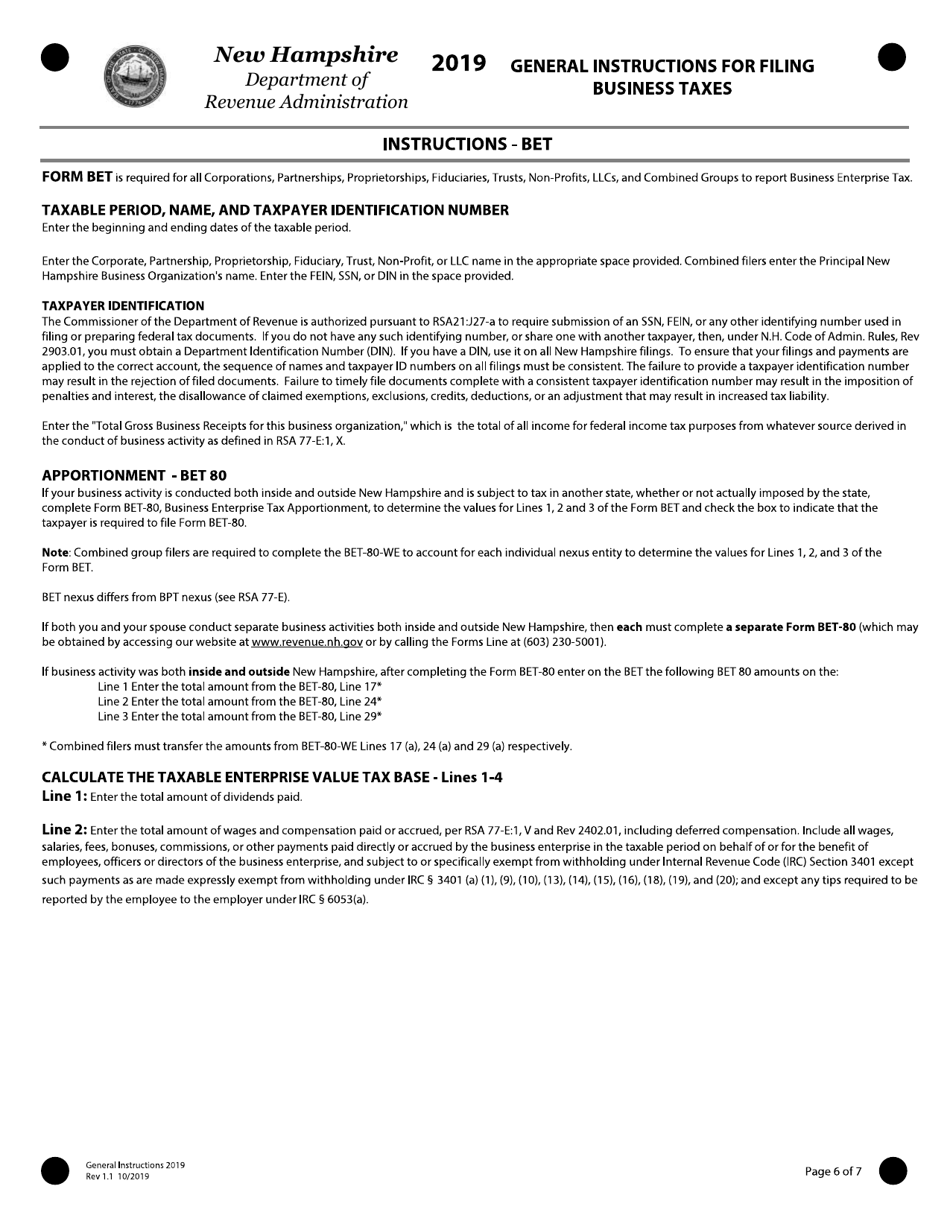 Instructions for Form BT-SUMMARY Business Tax Return Summary - New Hampshire, Page 6