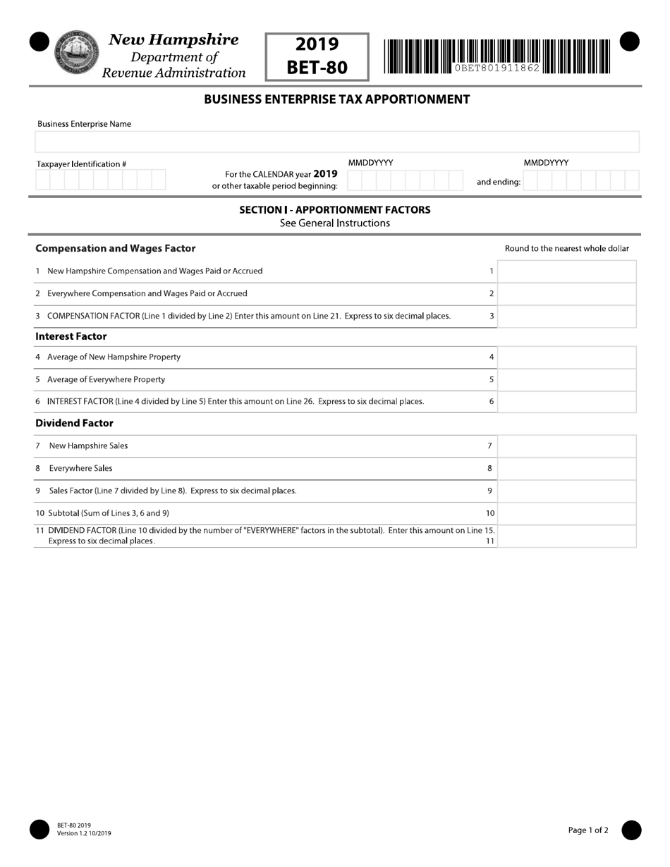 Form BET-80 Business Enterprise Tax Apportionment - New Hampshire, Page 1
