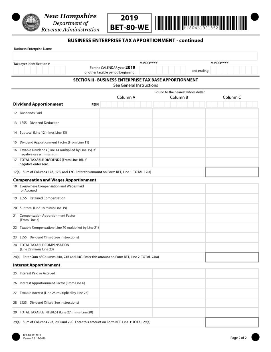 Form BET-80-WE Combined Group Business Tax Apportionment - New Hampshire, Page 2