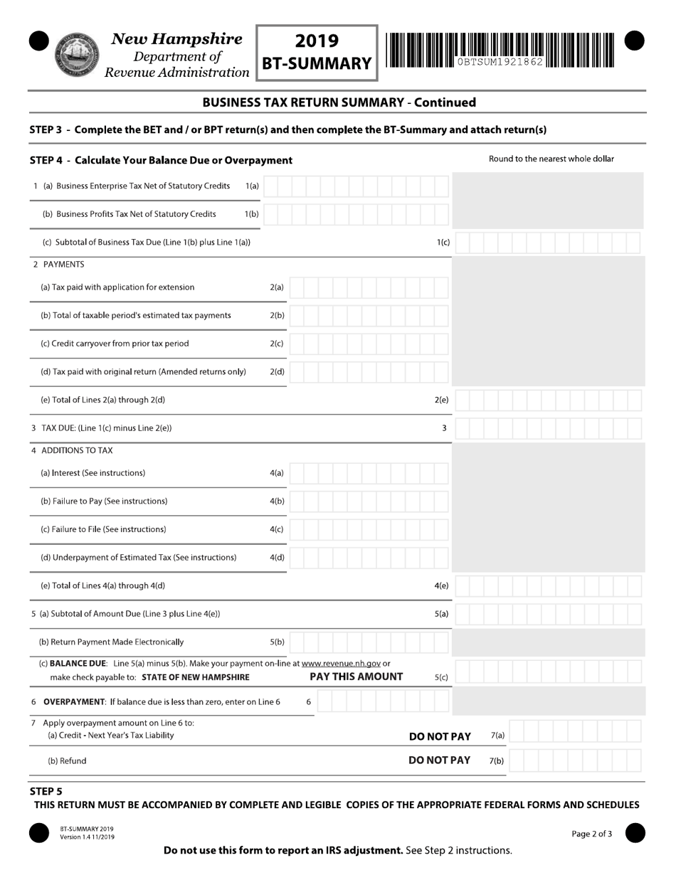 Form BT-SUMMARY Business Tax Return Summary - New Hampshire, Page 2