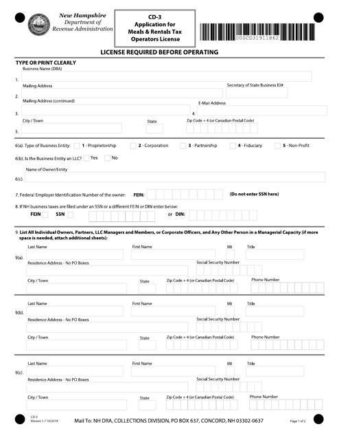 Form CD-3 Application for Meals and Rentals Tax Operators License - New Hampshire