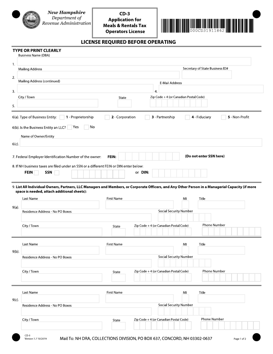 Form CD-3 Application for Meals and Rentals Tax Operators License - New Hampshire, Page 1