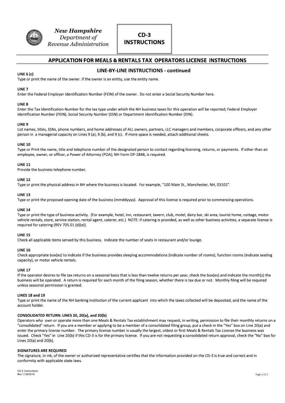 Instructions for Form CD-3 Application for Meals  Rentals Tax Operators License - New Hampshire, Page 2