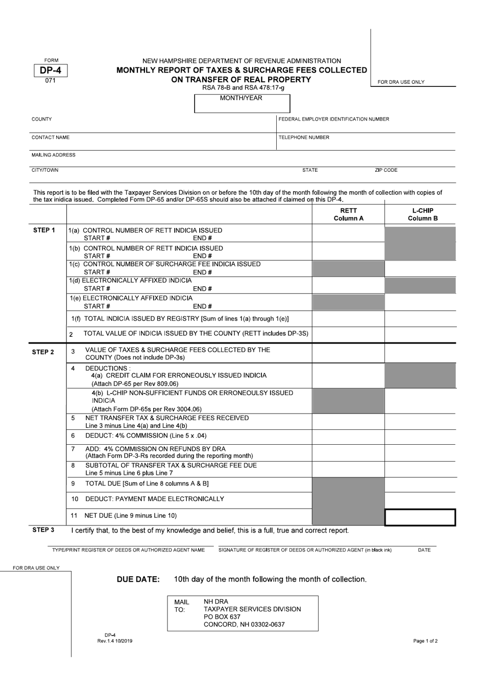Form DP-4 Monthly Report of Taxes  Surcharge Fees Collected on Transfer of Real Property - New Hampshire, Page 1
