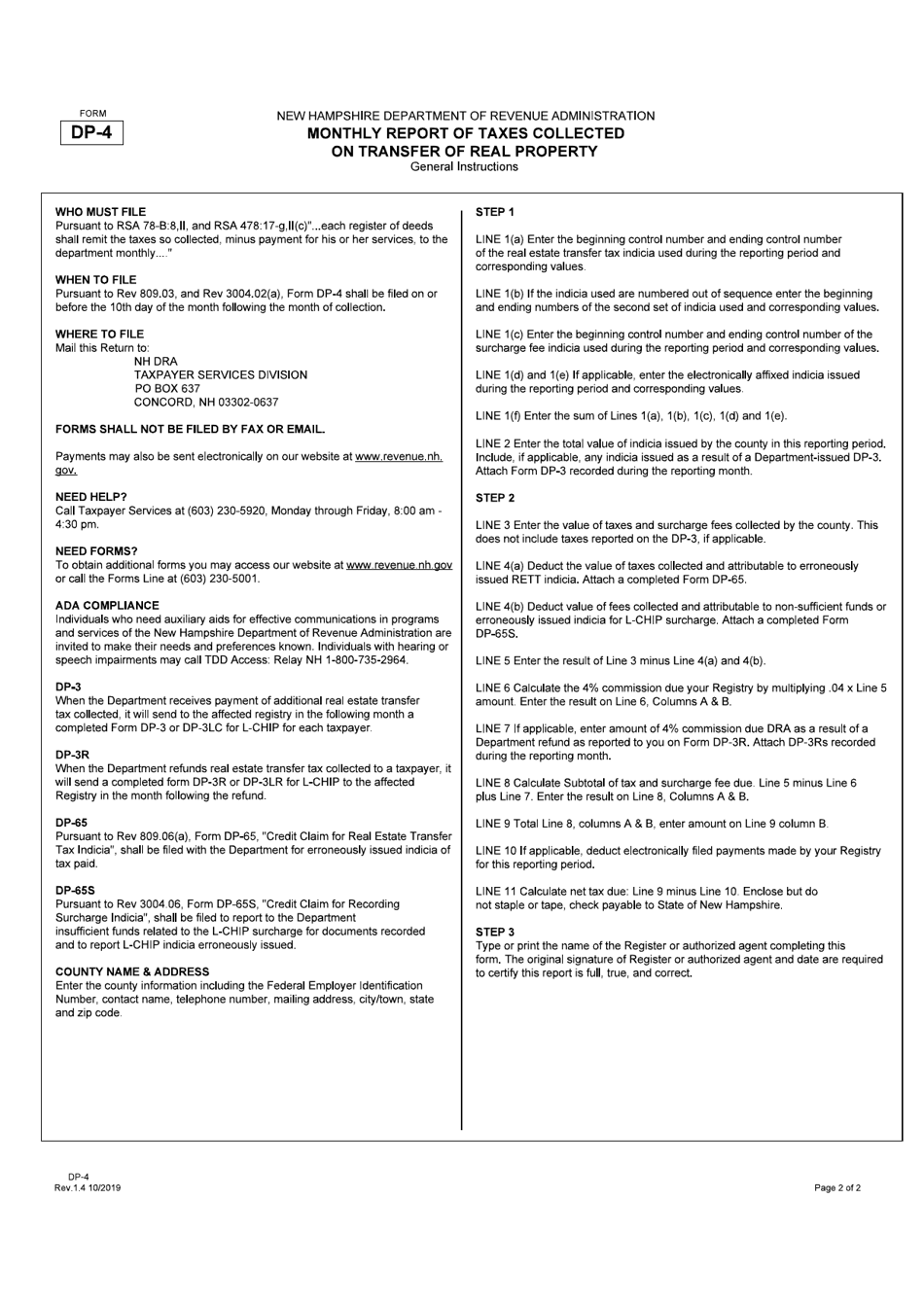 Form DP-4 Monthly Report of Taxes  Surcharge Fees Collected on Transfer of Real Property - New Hampshire, Page 2