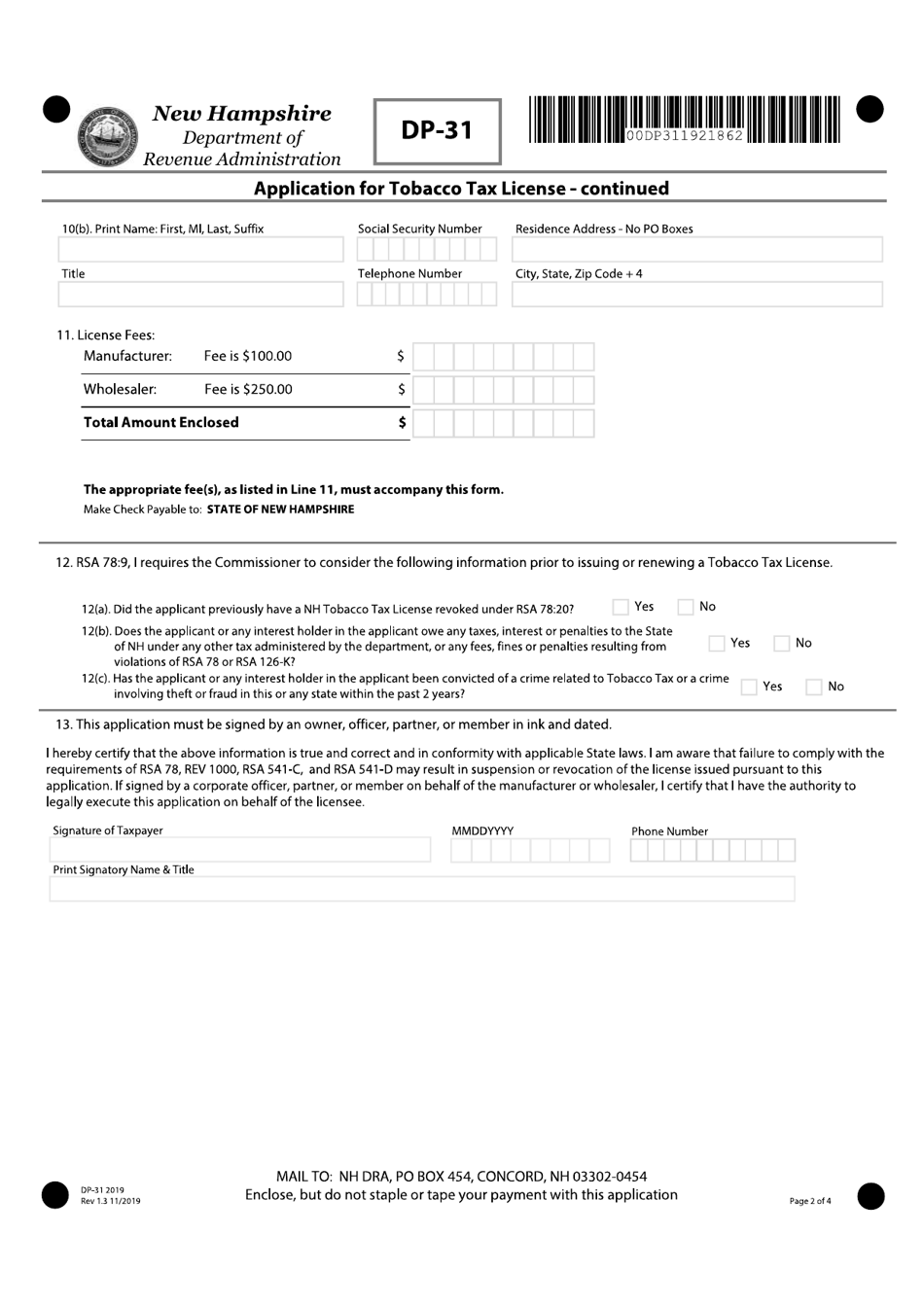 Form DP-31 Application for Tobacco Tax License - New Hampshire, Page 2