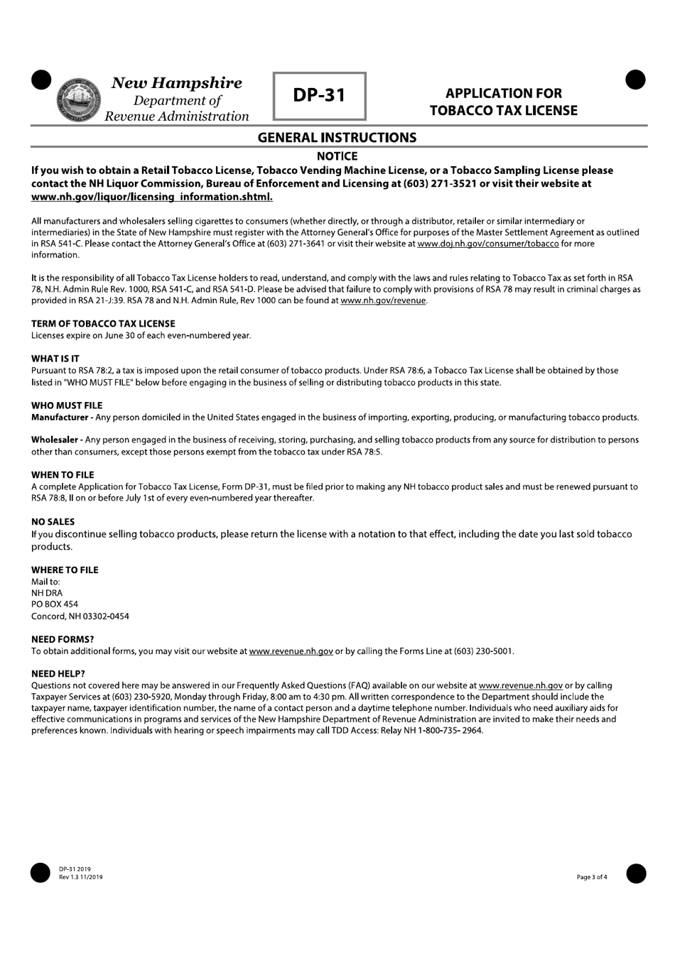 Form DP-31 Application for Tobacco Tax License - New Hampshire, Page 3