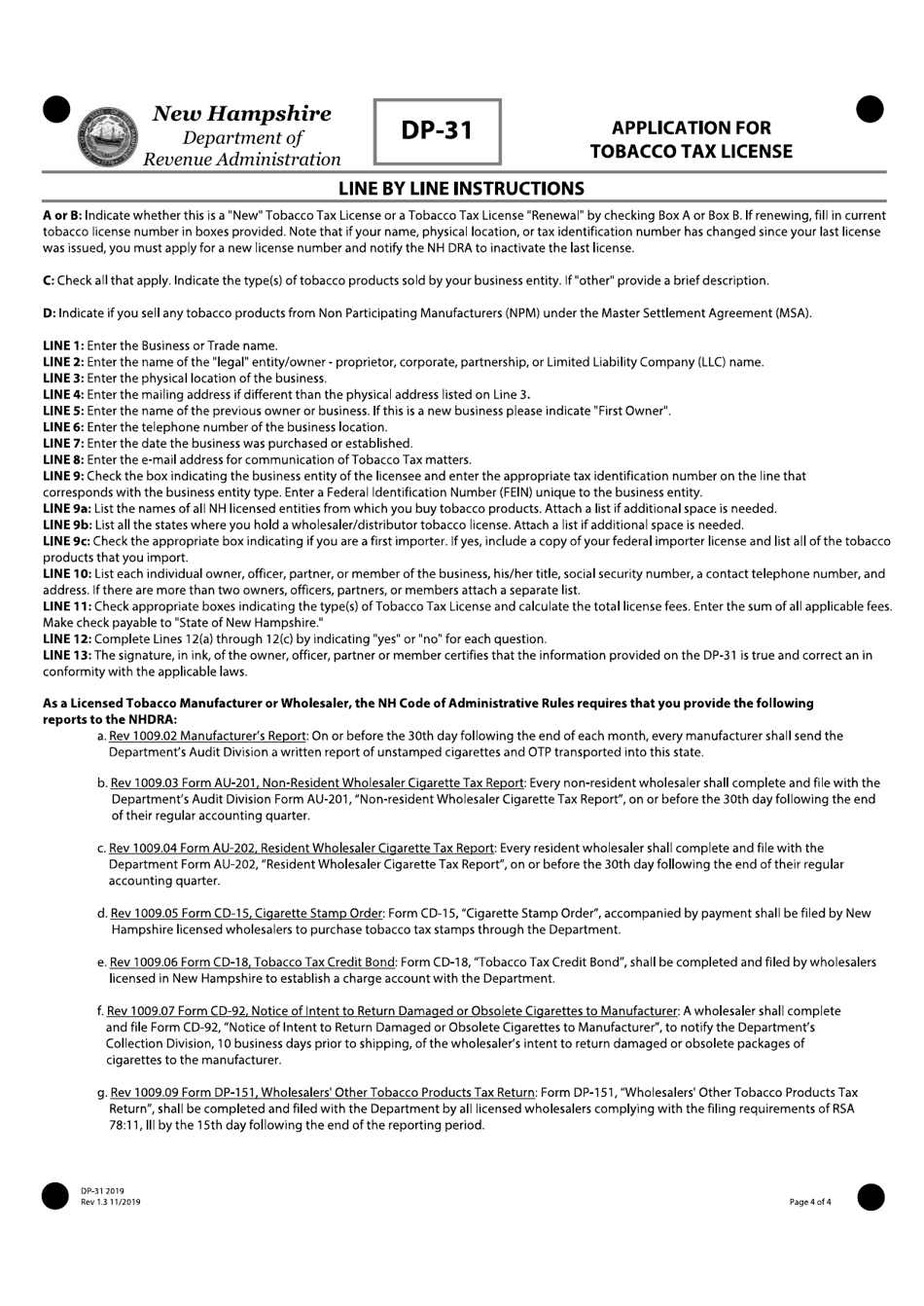 Form DP-31 Application for Tobacco Tax License - New Hampshire, Page 4