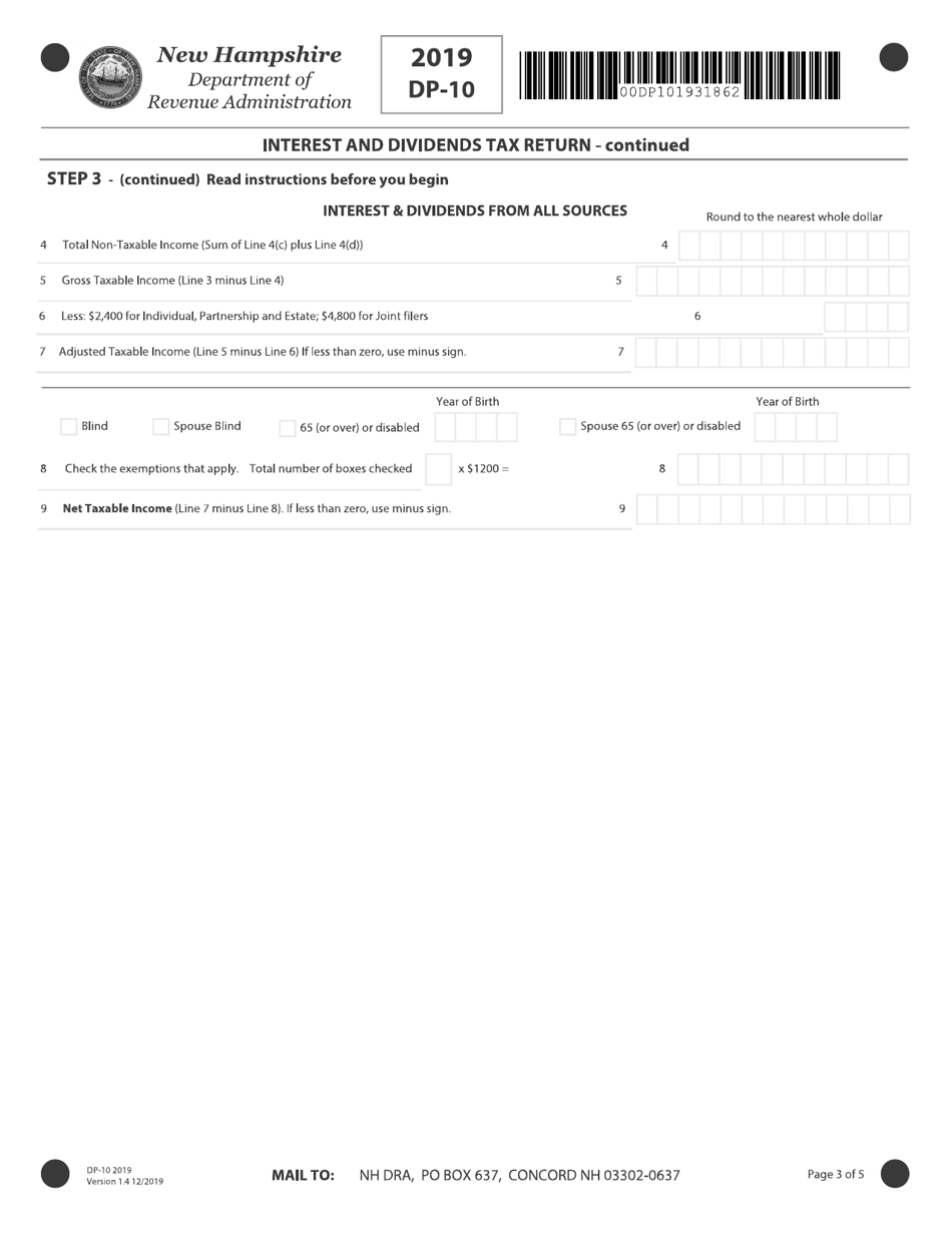 Form DP-10 Interest and Dividends Tax Return - New Hampshire, Page 3