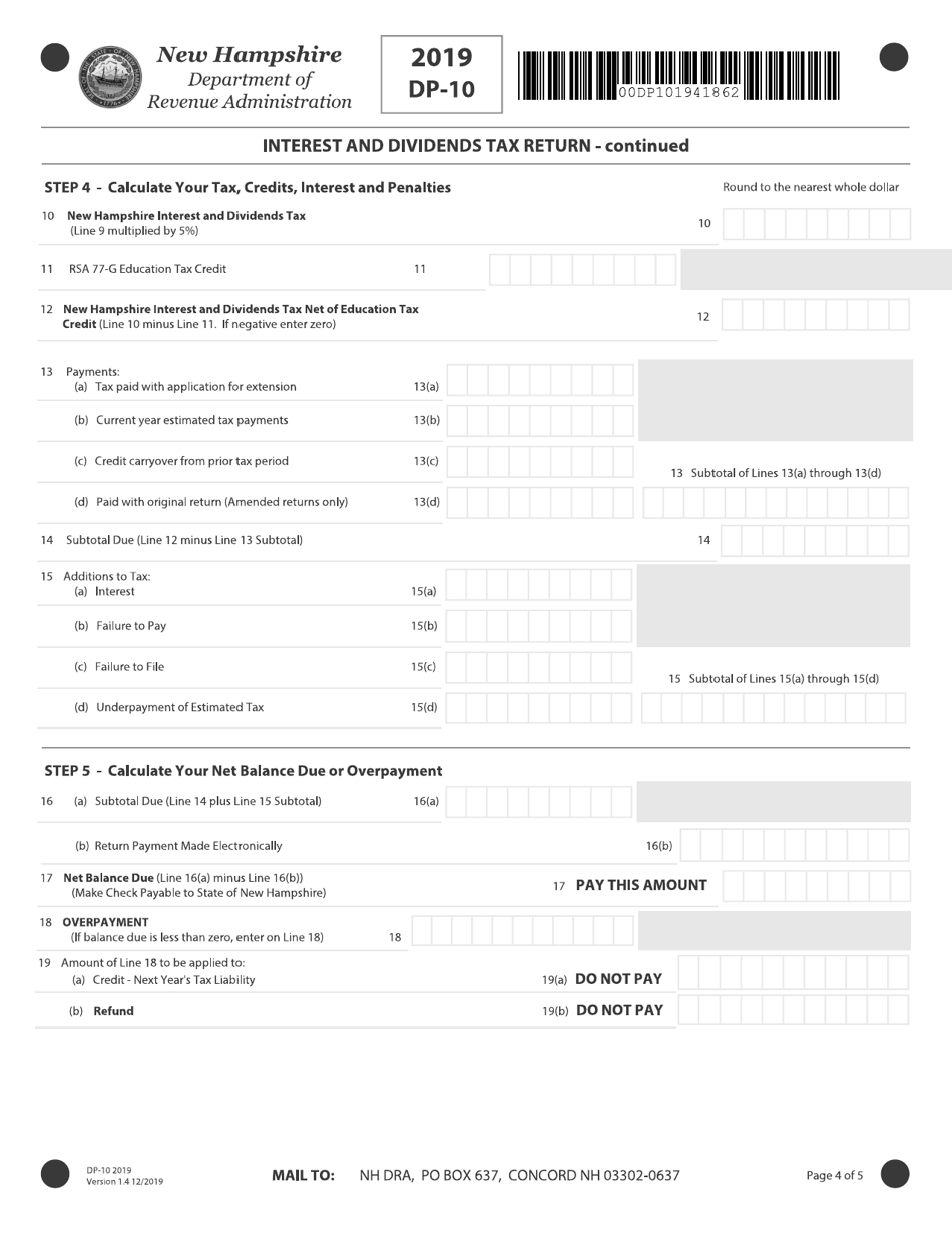 Form DP-10 Interest and Dividends Tax Return - New Hampshire, Page 4