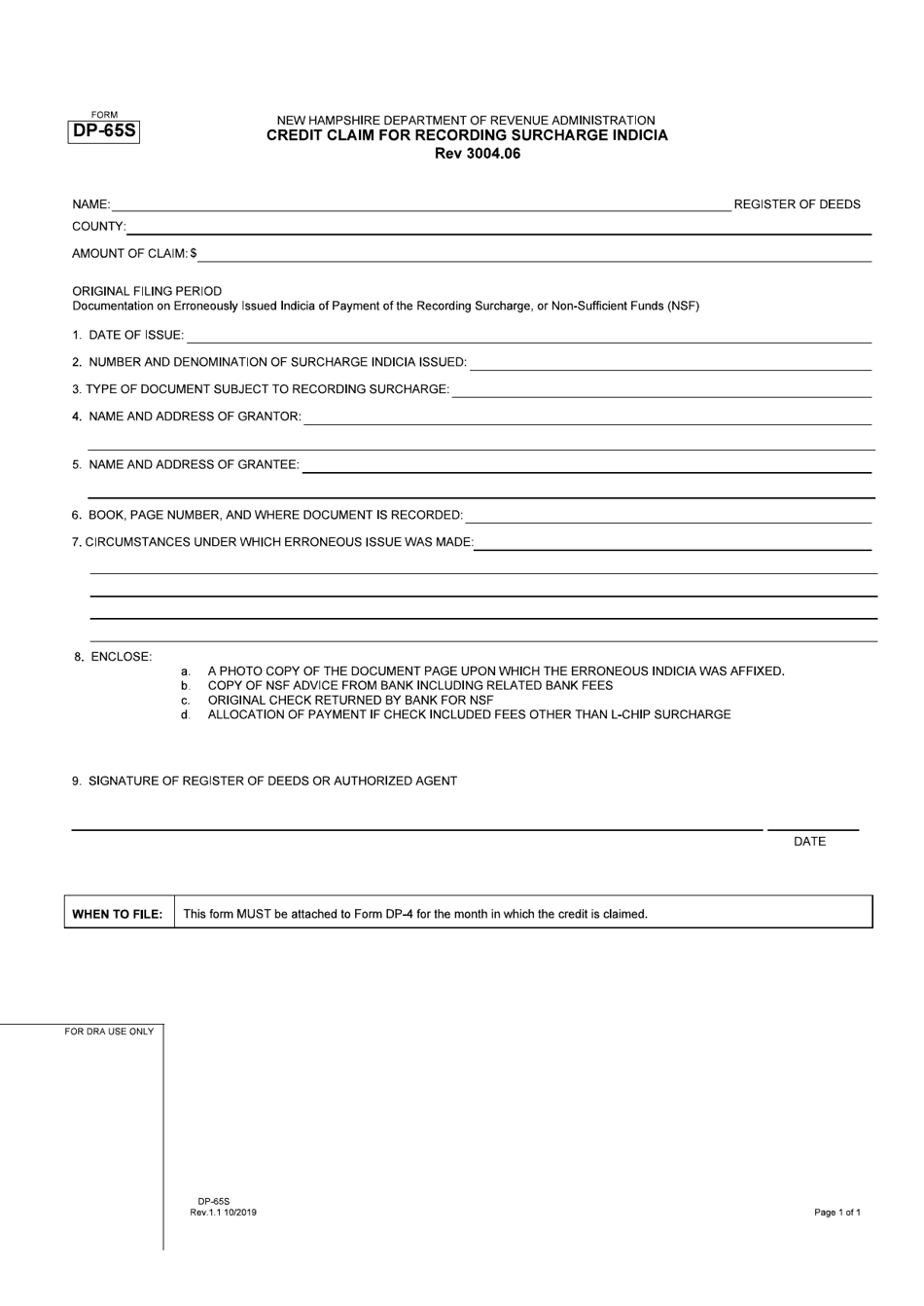 Form DP-65S Download Fillable PDF or Fill Online Credit Claim for ...